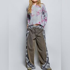 POL Ribbed Butterfly Print Light Gray Floral Knit Sweater Pink & Blue sz Large